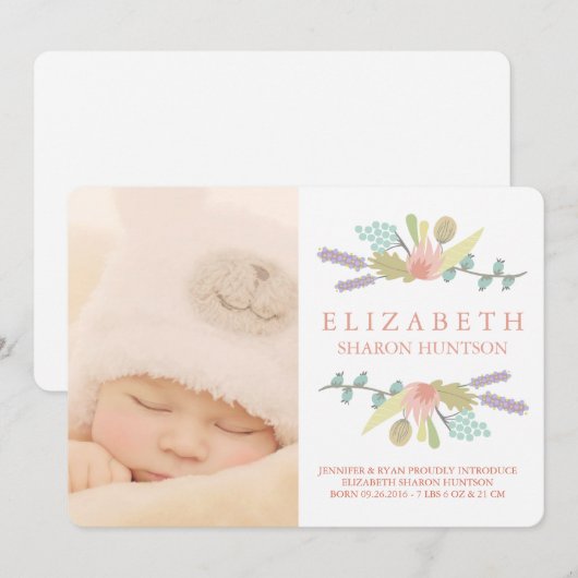 FLORAL BABY BIRTH ANNOUNCTION FOTOCARD AANKONDIGING (Voorkant / Achterkant)