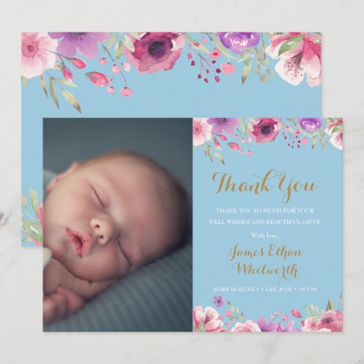 Floral Baby Boy Foto Manuscript Dank u roze geboor Aankondiging (Voorkant / Achterkant)