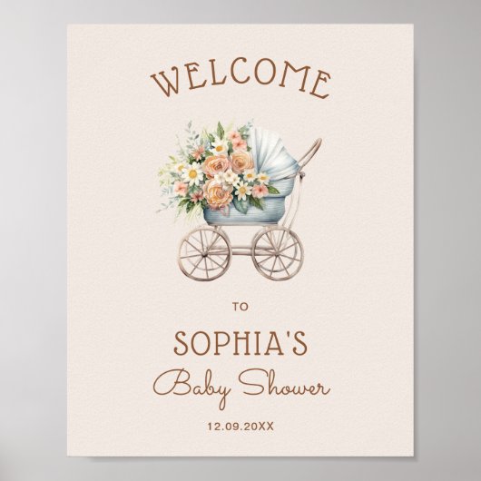 Floral  Baby Carriage Baby shower Welkom Poster (Voorkant)