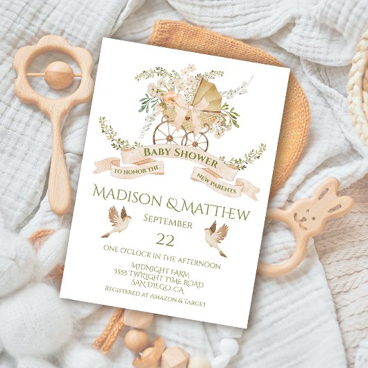 Floral Baby Carriage Waterverf Baby shower Kaart