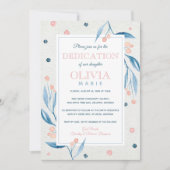 Floral Baby Dedication Invitation, Navy, Roze Kaart (Voorkant)