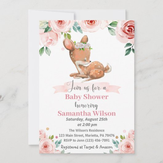 Floral Baby Deer Baby shower Uitnodiging (Voorkant)