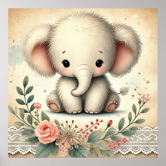 Floral Baby Elephant Nursery Poster (Voorkant)
