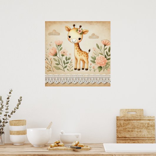 Floral Baby Giraffe Nursery Poster (Keuken)