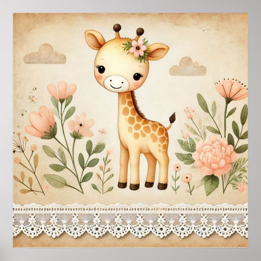 Floral Baby Giraffe Nursery Poster (Voorkant)
