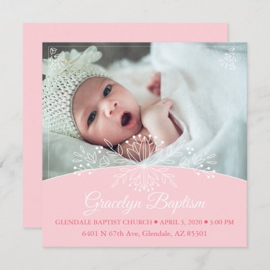Floral Baby Girl Baptism Invite Kaart (Voorkant / Achterkant)