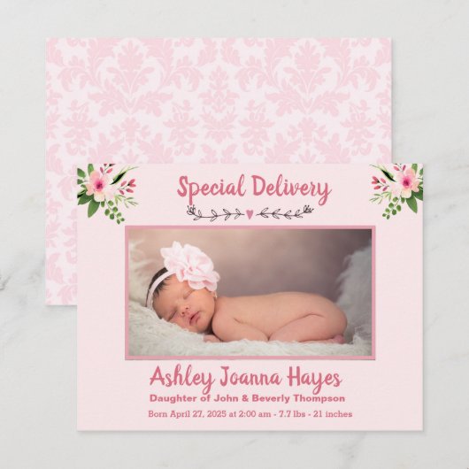 Floral Baby Girl Foto geboorteaankondiging Aankondiging (Voorkant / Achterkant)