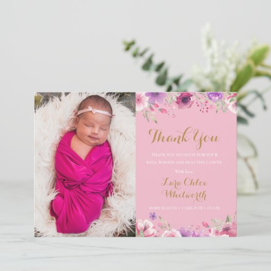 Floral Baby Girl Foto's Dank u roze geboorte Aankondiging (Staand voorkant)