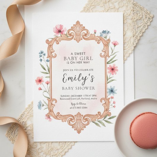 Floral Baby Girl Shower Invitation Frame Kaart