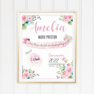 Floral Baby Girl Waterverf Birth Statistics Pink Poster