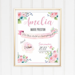 Floral Baby Girl Waterverf Birth Statistics Pink Poster