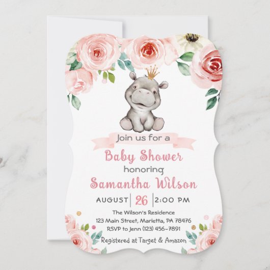 Floral Baby Hippo Princess Baby shower Invitation Kaart (Voorkant)