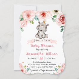 Floral Baby Hippo Princess Baby shower Invitation Kaart