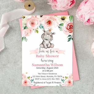 Floral Baby Hippo Princess Baby shower Kaart