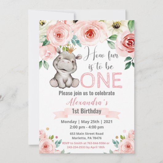 Floral Baby Hippo Princess Birthday Party Kaart (Voorkant)