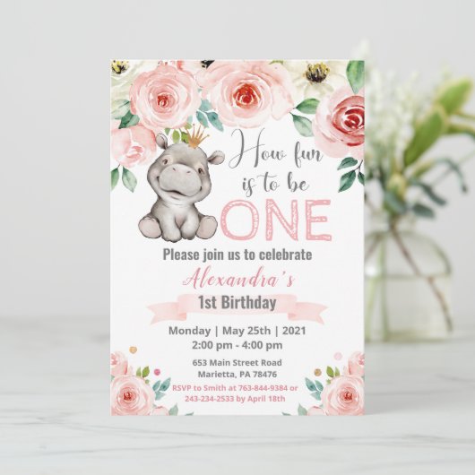 Floral Baby Hippo Princess Birthday Party Kaart (Staand voorkant)