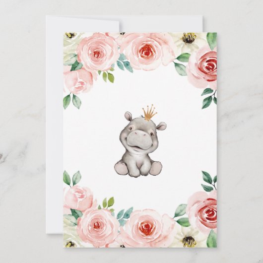 Floral Baby Hippo Princess Birthday Party Kaart (Achterkant)