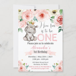 Floral Baby Hippo Princess Birthday Party Kaart