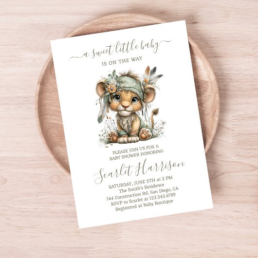 Floral baby lion Baby Shower Invitation Kaart