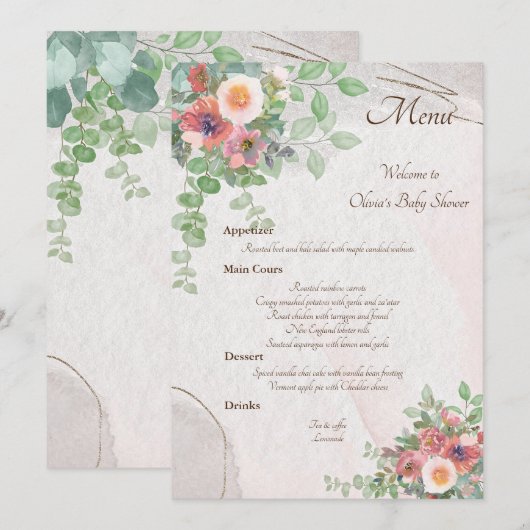 Floral Baby Meisje Douche Menu (Voorkant / Achterkant)