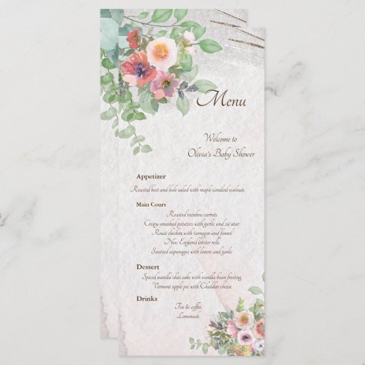 Floral Baby Meisje Douche Menu (Voorkant / Achterkant)