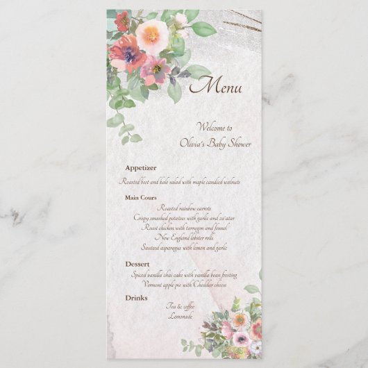 Floral Baby Meisje Douche Menu (Voorkant)