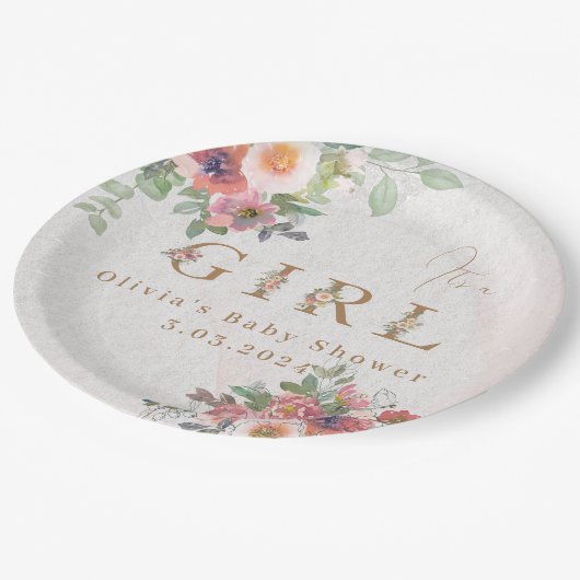 Floral Baby Meisje Douche Papieren Bordje (Gekanteld)
