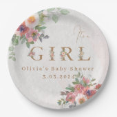 Floral Baby Meisje Douche Papieren Bordje (Voorkant)