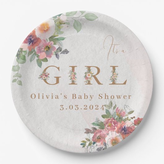 Floral Baby Meisje Douche Papieren Bordje (Voorkant)