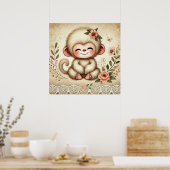 Floral Baby Monkey Nursery Poster (Keuken)