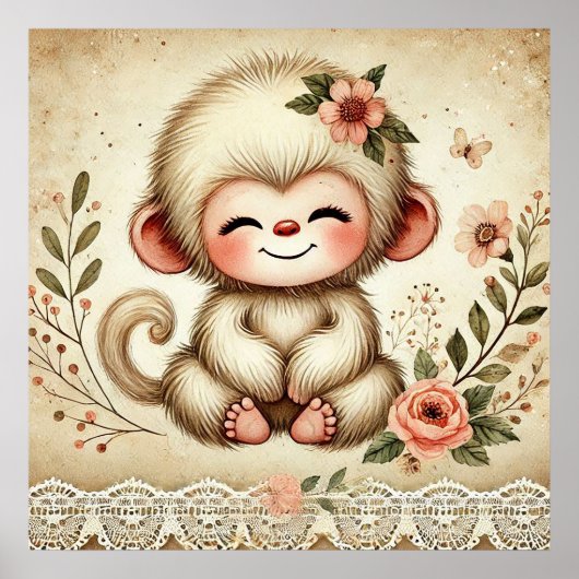 Floral Baby Monkey Nursery Poster (Voorkant)
