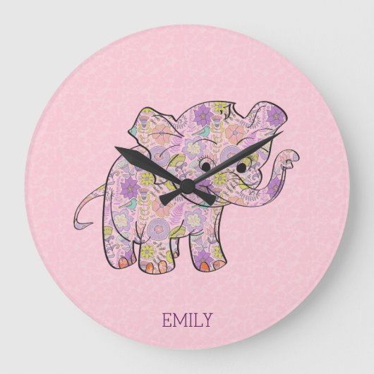 Floral Baby olifant op roze Damask Grote Klok (Voorkant)