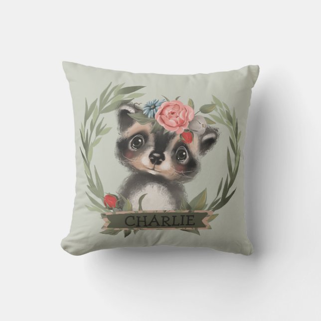 Floral Baby Racoon Kussen (Voorkant)