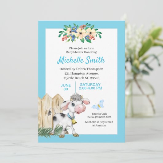 Floral Baby shower Blauwe en Witte Koe Kaart (Staand voorkant)