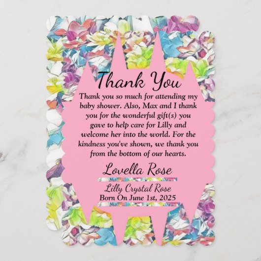 Floral Baby shower Hartelijk dank, roze Kaart (Voorkant / Achterkant)