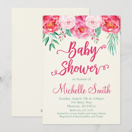 Floral Baby shower Invitation, Baby shower Uitnodi Kaart (Voorkant / Achterkant)