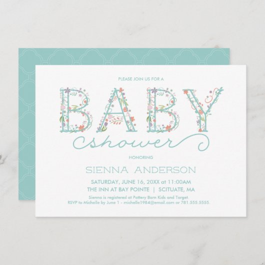 Floral Baby shower Invitation - Custom Invite Kaart (Voorkant / Achterkant)