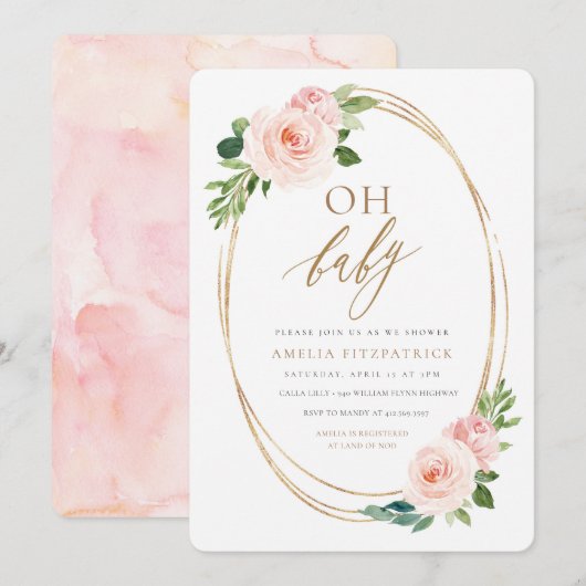 Floral Baby shower Invitation Girl Kaart (Voorkant / Achterkant)