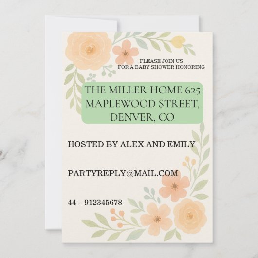 Floral Baby Shower Invitation Kaart (Achterkant)