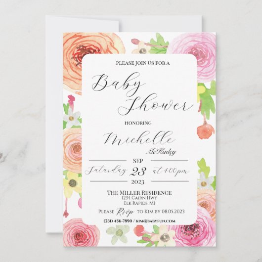 Floral Baby shower Invitation Waterverf Flowers Kaart (Voorkant)