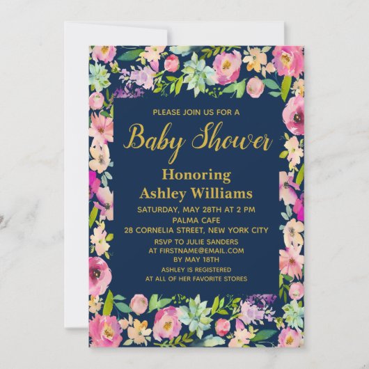 Floral Baby Shower Invitations Navy Boho Flowers Kaart (Voorkant)
