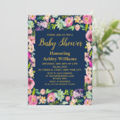 Floral Baby Shower Invitations Navy Boho Flowers Kaart (Staand voorkant)