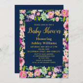 Floral Baby Shower Invitations Navy Boho Flowers Kaart (Voorkant / Achterkant)