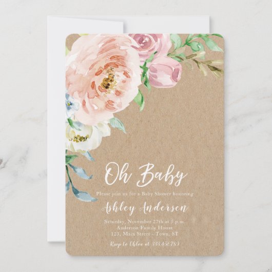 Floral Baby shower kraft rustic Kaart (Voorkant)