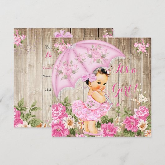 Floral Baby shower Roze Rustic Wood Girl Brunette Kaart (Voorkant / Achterkant)