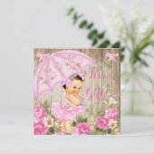 Floral Baby shower Roze Rustic Wood Girl Brunette Kaart (Staand voorkant)