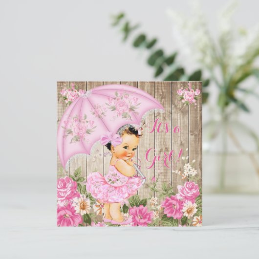 Floral Baby shower Roze Rustic Wood Girl Brunette Kaart (Staand voorkant)