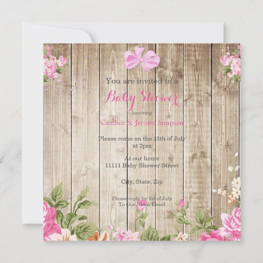 Floral Baby shower Roze Rustic Wood Girl Brunette Kaart (Achterkant)