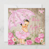 Floral Baby shower Roze Rustic Wood Girl Brunette Kaart (Voorkant)