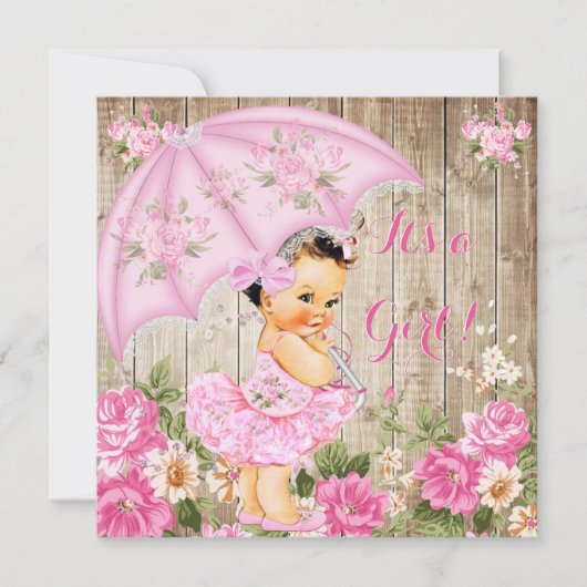 Floral Baby shower Roze Rustic Wood Girl Brunette Kaart (Voorkant)